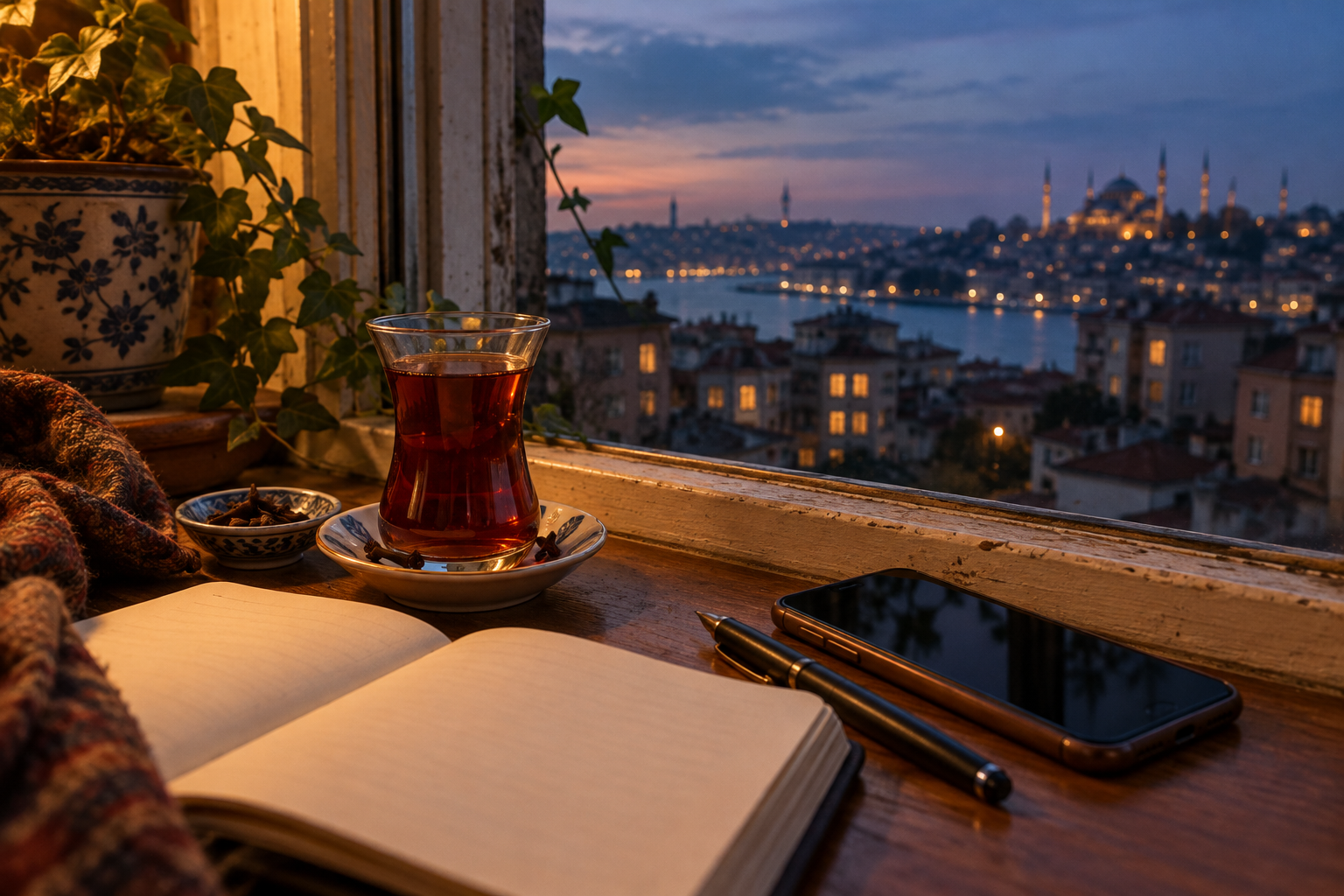 Pencere önünde çay ve açık defter, dışarıda akşamın ışıkları